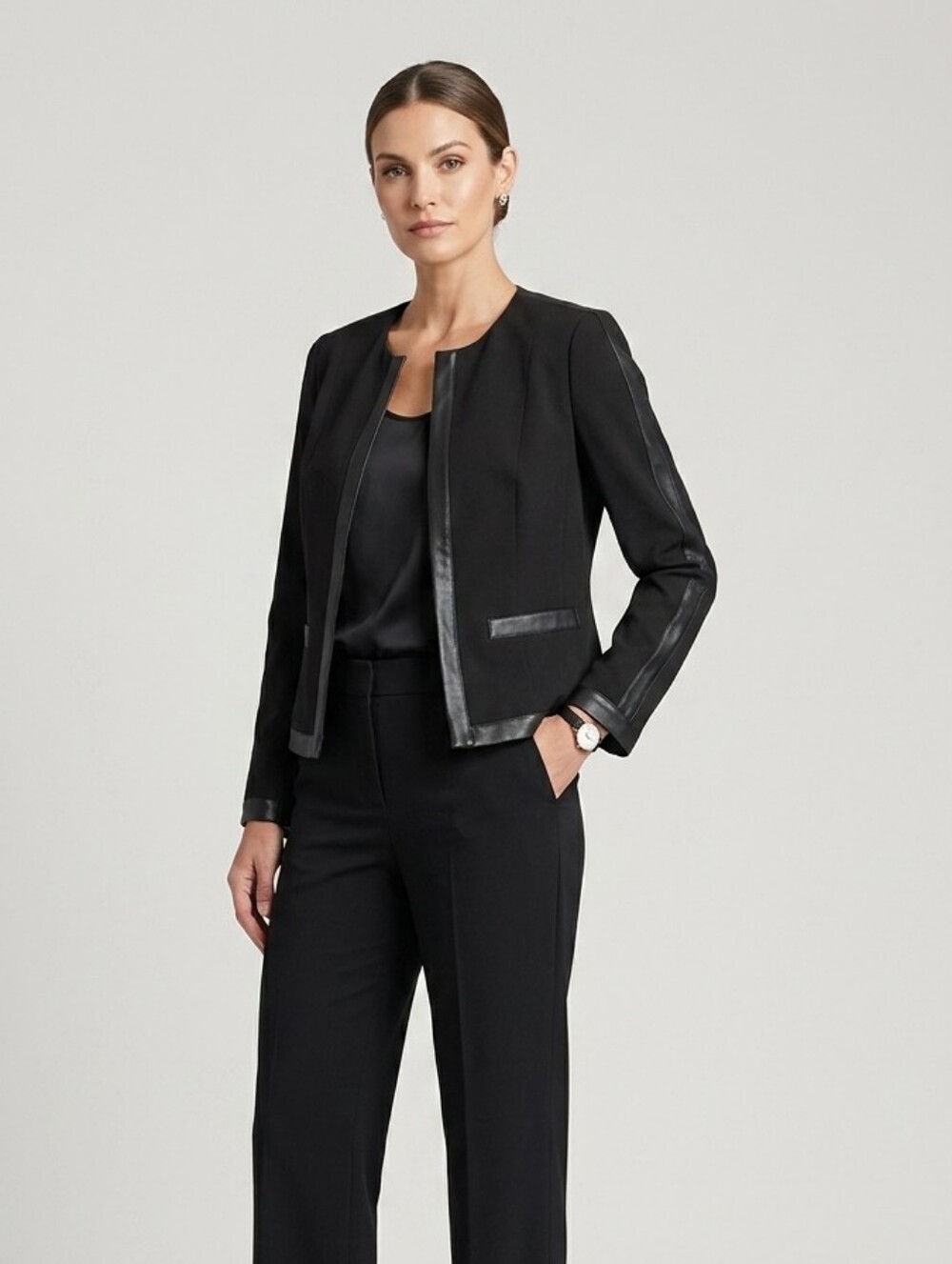Larry Levine Black Tailored Blazer With Faux Leather Trim